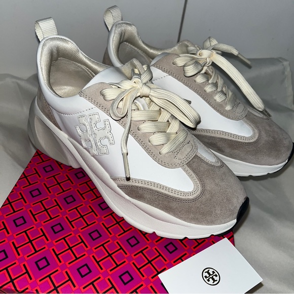 Tory Burch Leather and Suede Logo Sneakers - Picture 7 of 11